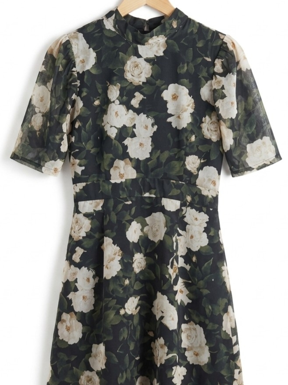 Floral Mock Neck A-Line Dress in Black and Cream